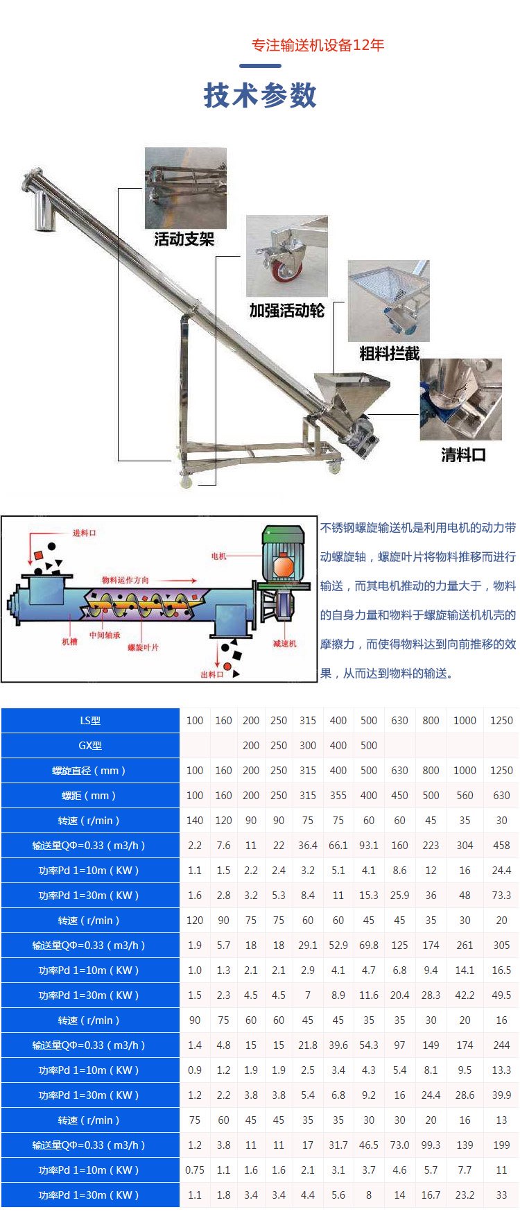 不銹鋼螺旋輸送機技術參數